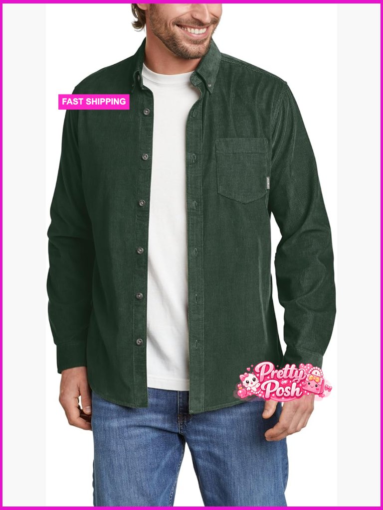 Men's Corduroy Long-Sleeve Button Down Shirt - Classic Fit Cotton
